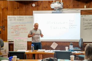 Man teaching in front of whiteboard with notes.